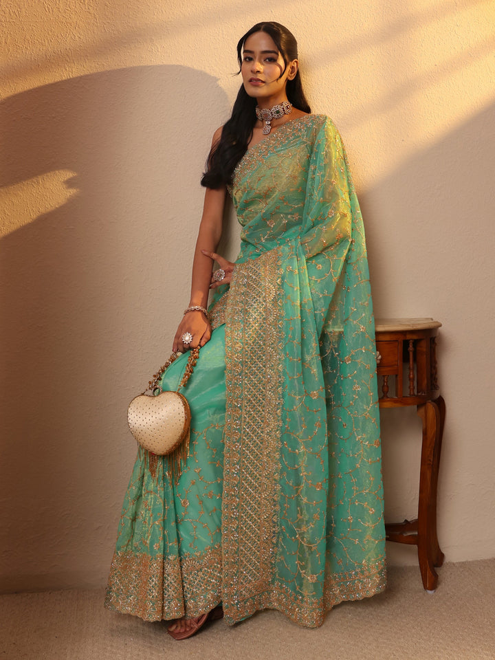 Libas Seafoam Green Floral Embroidered Net Saree