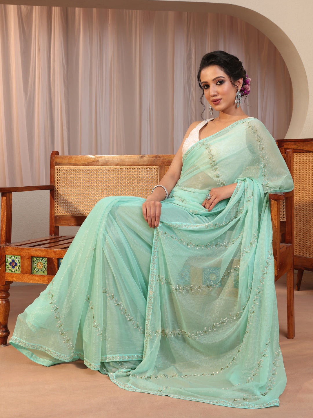 Sky Blue Embellished Chiffon Saree