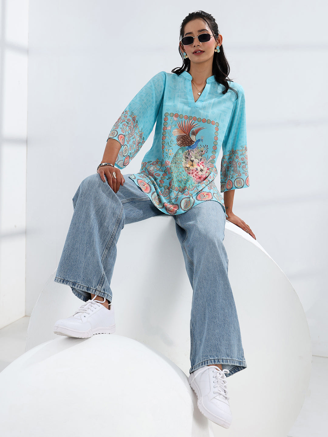 Libas Sky Blue Printed Cotton Blend Straight Short Kurti
