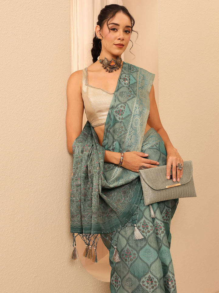 Libas Slate Blue Geometric Printed Silk Blend Saree