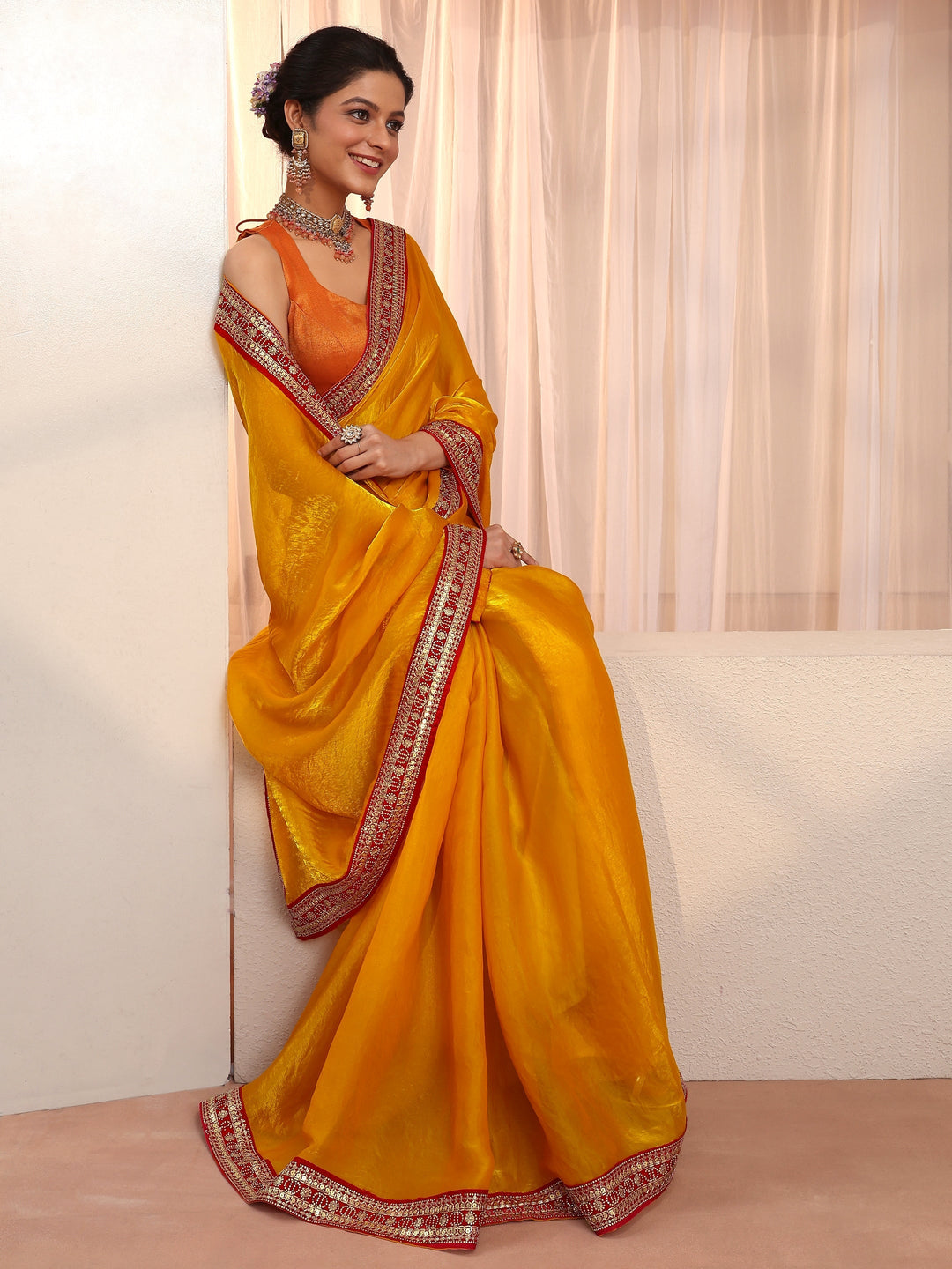 Sunglow Yellow Embellished Border Tissue Saree