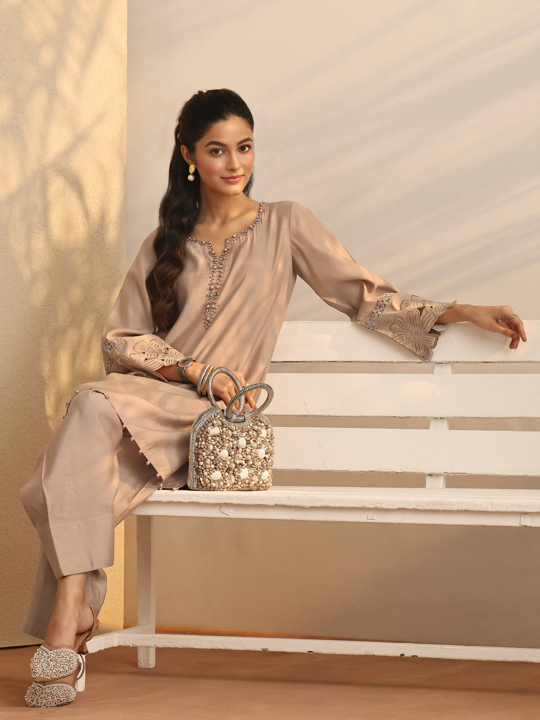 Tan Embroidered Silk Blend Co-Ord Sets