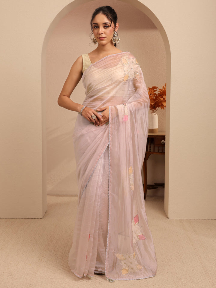 Libas Taupe Applique Embellished Organza Saree