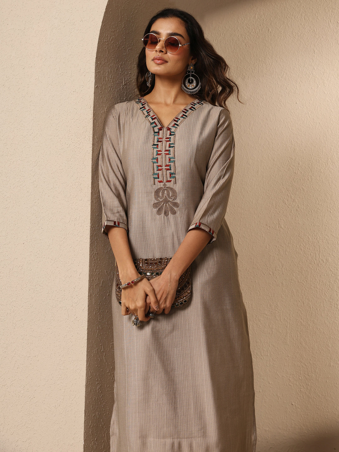 Taupe Embroidered Silk Blend Straight Kurta