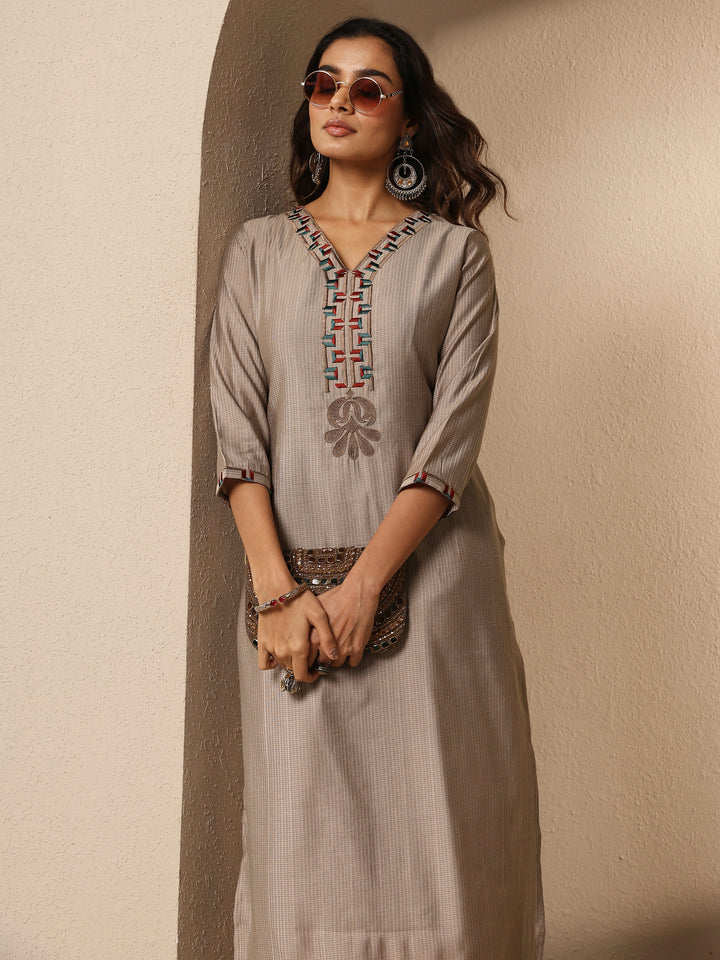 Taupe Embroidered Silk Blend Straight Kurta