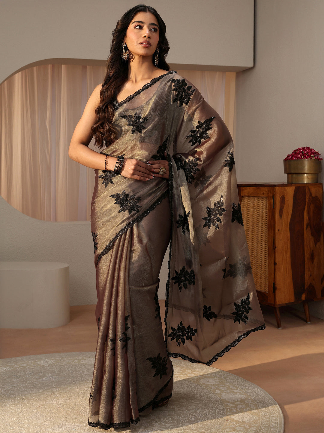 Taupe Floral Embroidered Glossy Tissue Saree