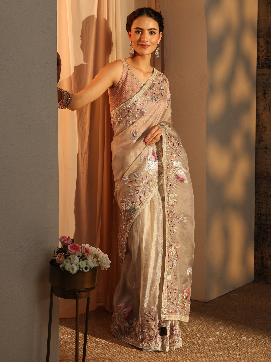 Libas Taupe Floral Embroidered Organza Saree With Unstitched Blouse Piece