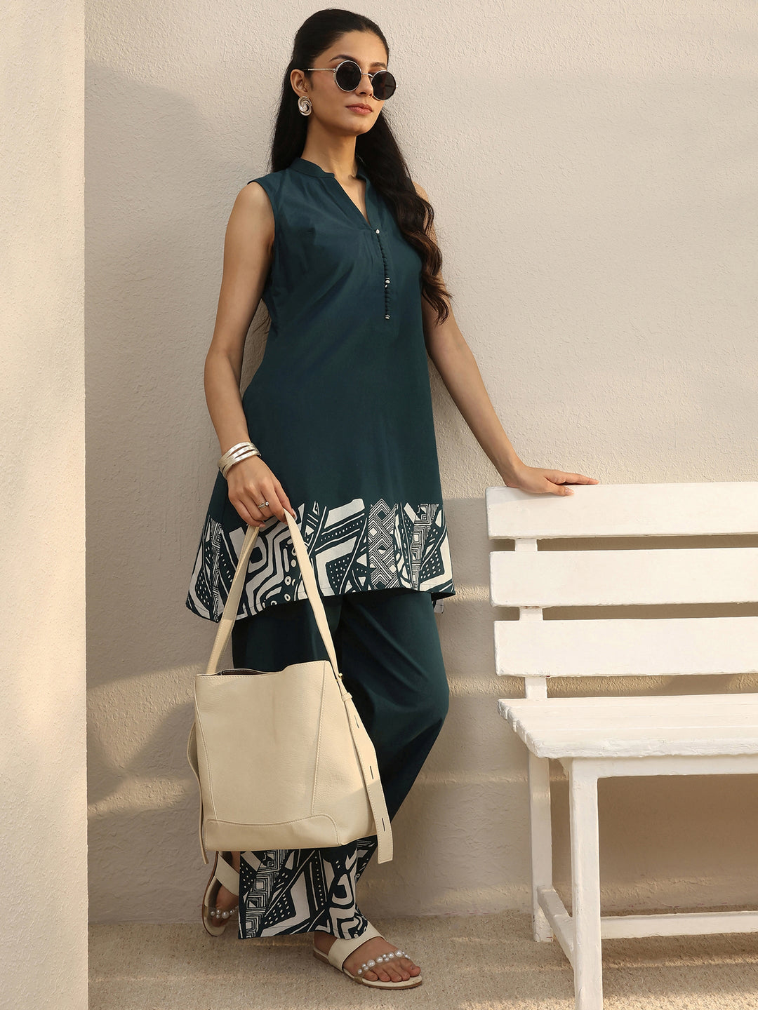 Teal Abstract Printed Cotton Blend Co-Ord Set
