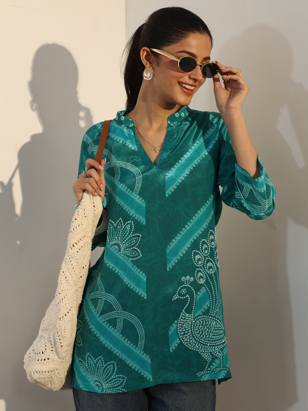 Teal Bandhani Printed Crepe Straight Short Kurti