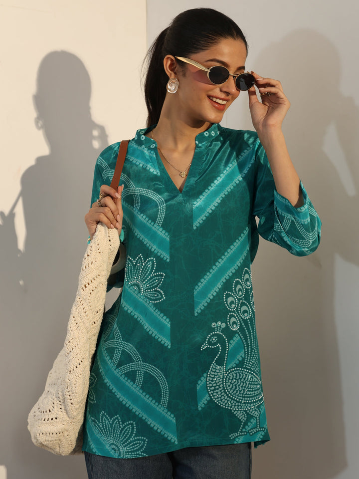 Teal Bandhani Printed Crepe Straight Short Kurti
