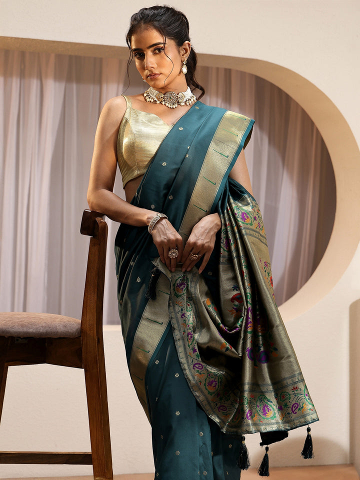 Teal Blue Silk Blend Paithani Saree