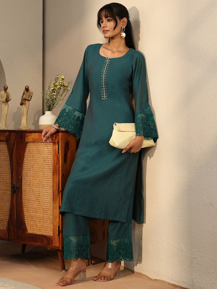 Teal Blue Silk Blend Straight Kurta Set