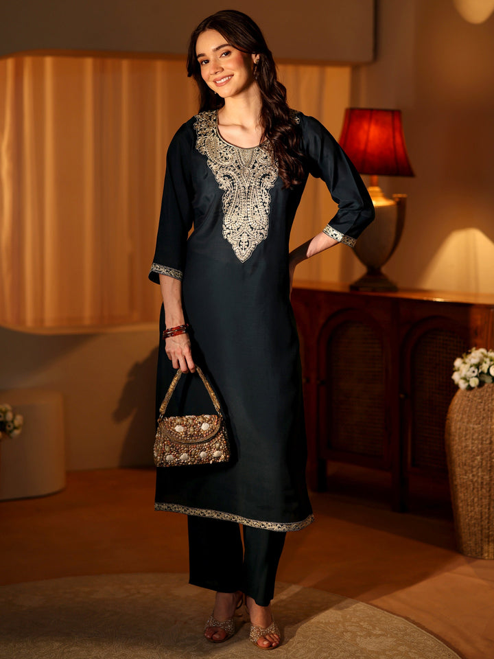 Teal Blue Yoke Design Silk Blend Straight Kurta Set