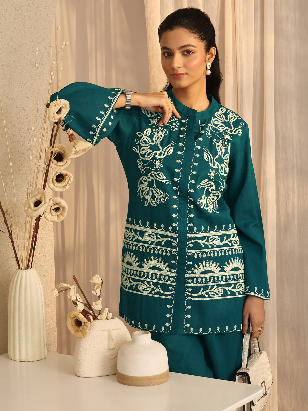 Teal Embellished Cotton Blend Co-Ord Sets