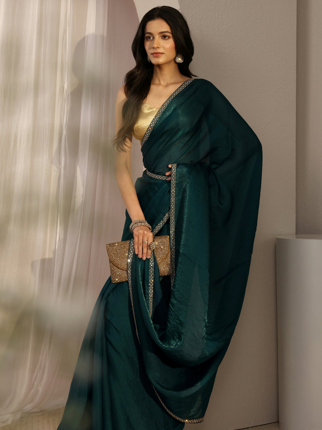 Teal Embellished Satin Saree With Unstiched Blouse Piece