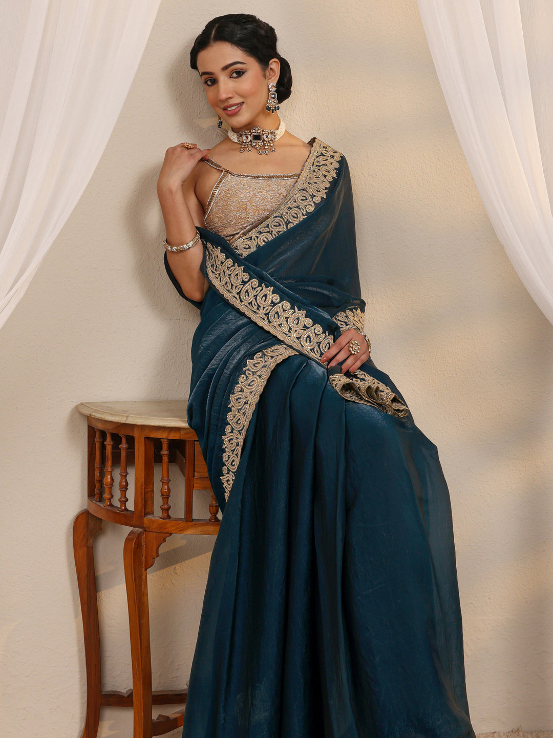 Teal Embellished Tissue Saree With Unstitched Blouse Piece