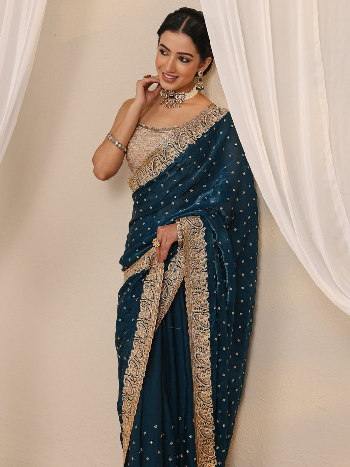 Teal Embellished Tissue Saree With Unstitched Blouse Piece
