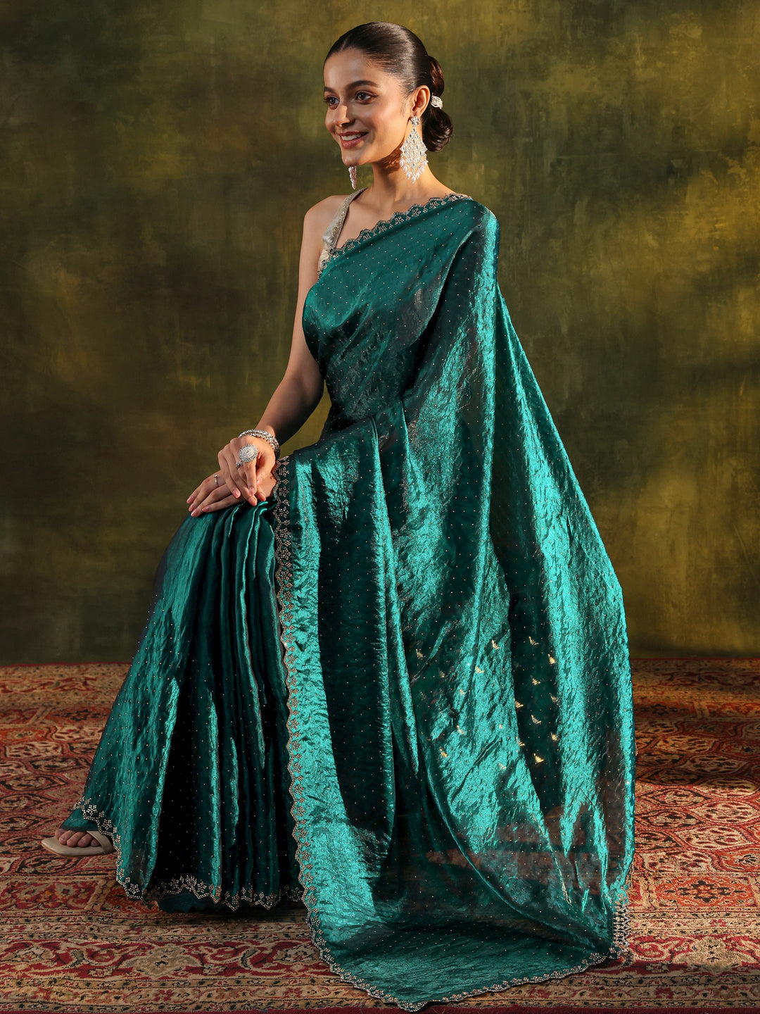 Teal Embellished Tissue Saree With Unstitched Blouse Piece