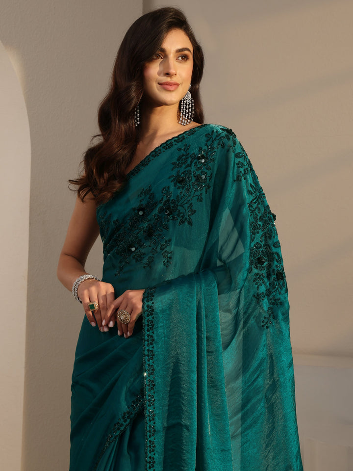 Teal Embellished Tissue Saree With Unstitched Blouse Piece