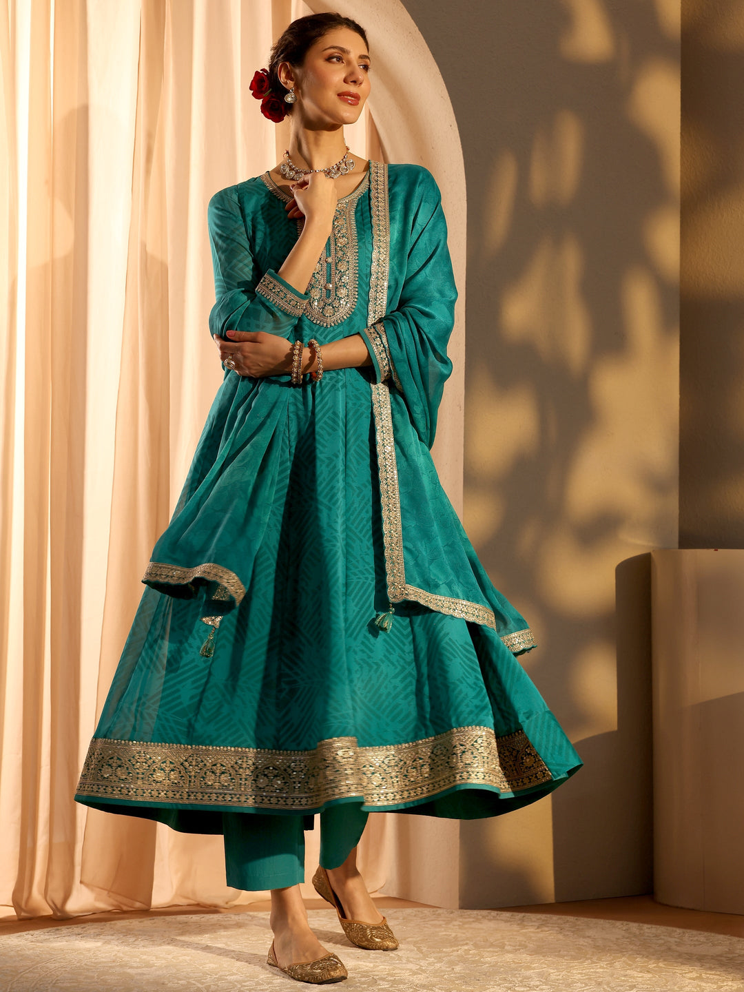 Libas Teal Embroidered Chiffon Anarkali Suit Set With Dupatta