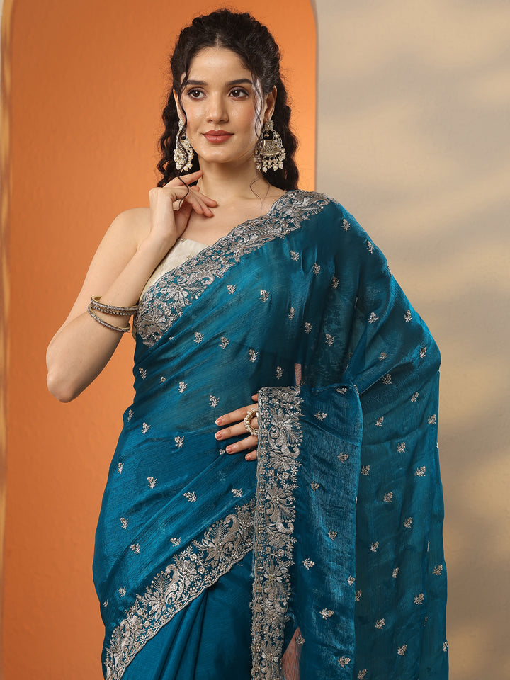 Teal Embroidered Organza Saree With Unstitched Blouse Piece