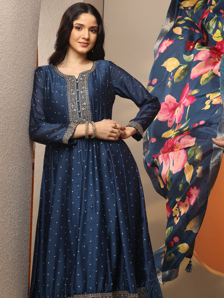 Teal Embroidered Silk Blend Anarkali Suit Set With Dupatta