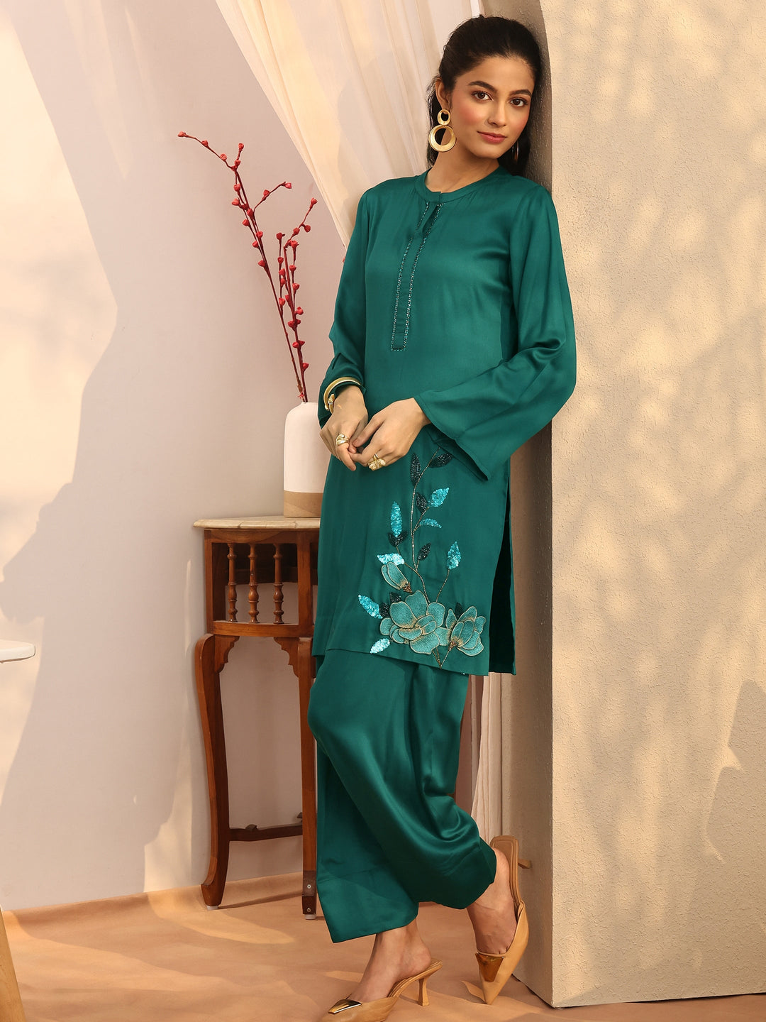 Teal Embroidered Silk Blend Co-Ord Sets