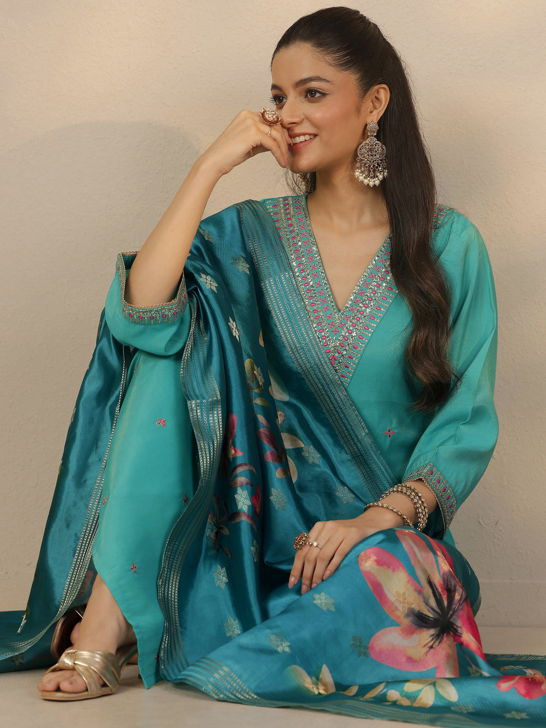 Teal Embroidered Silk Blend Straight Suit Set With Dupatta