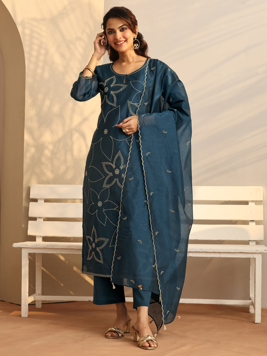 Teal Embroidered Silk Blend Straight Suit Set With Dupatta