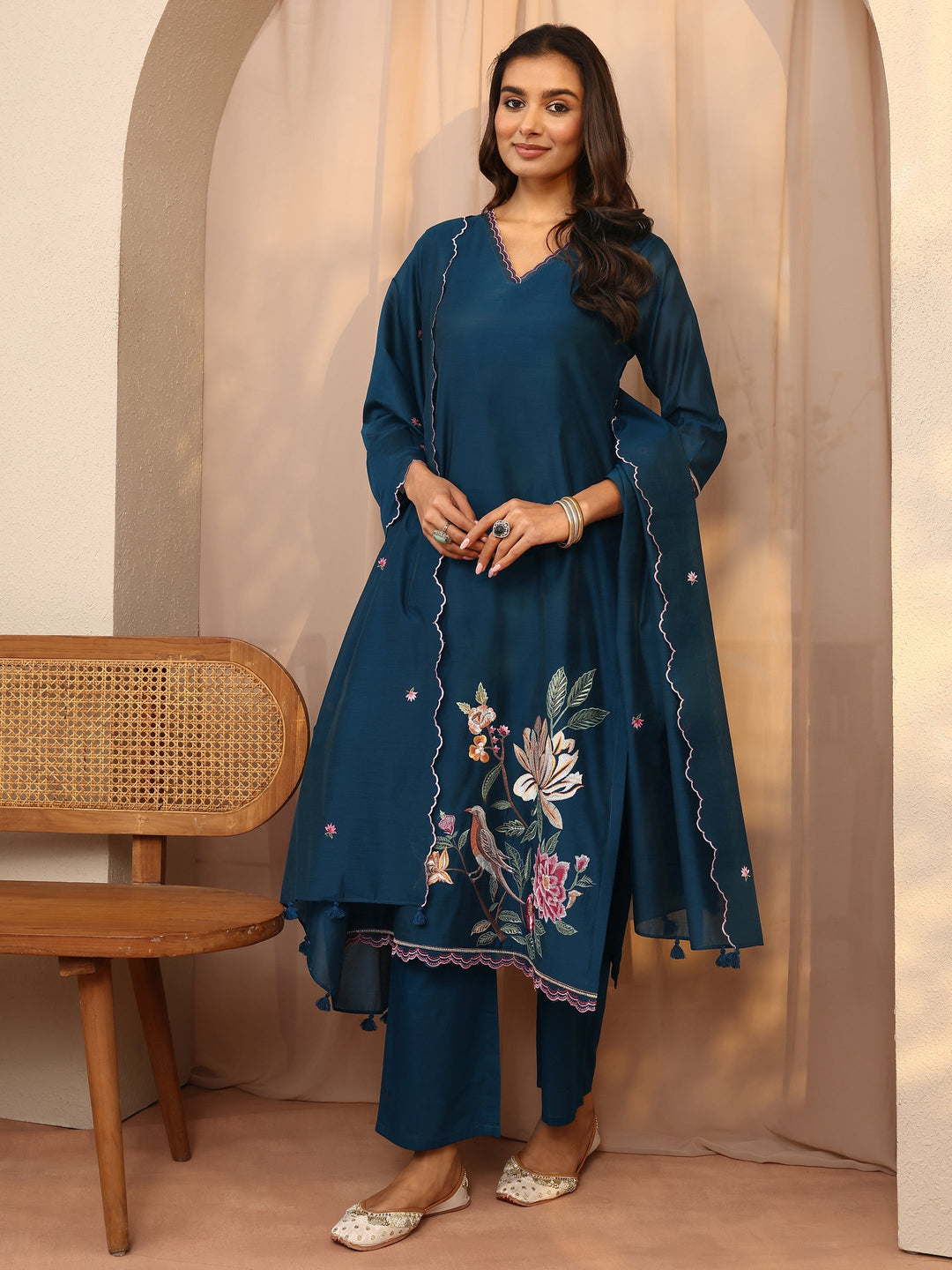Teal Embroidered Silk Blend Straight Suit Set With Dupatta