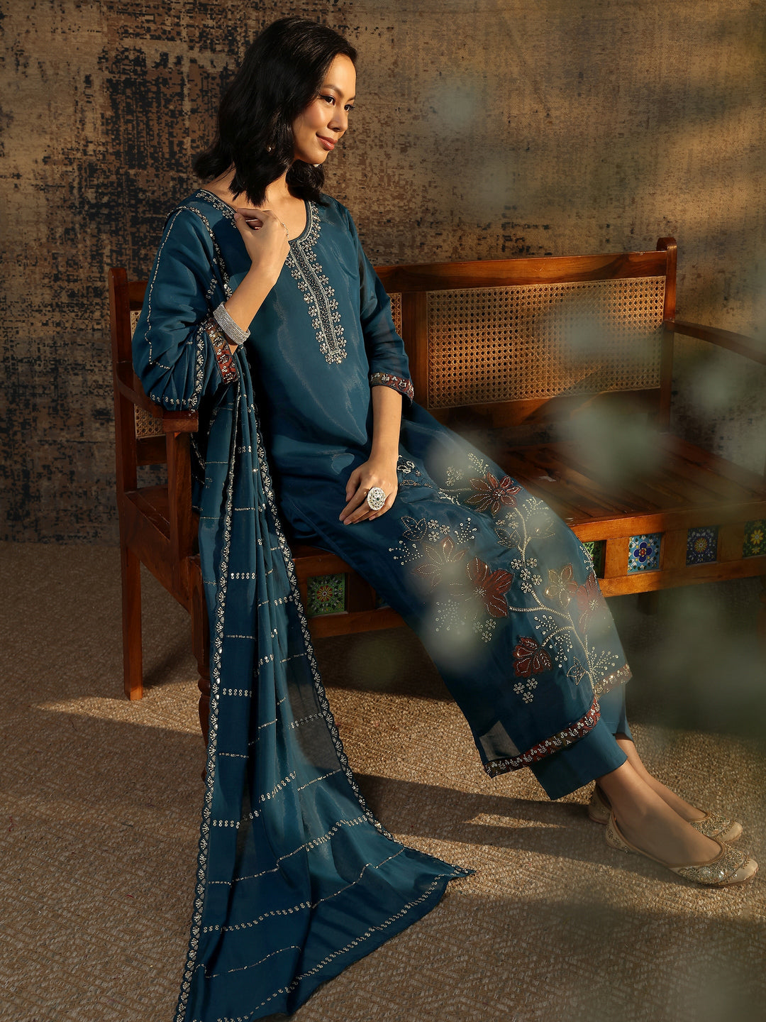 Teal Embroidered Silk Blend Straight Suit Set With Dupatta