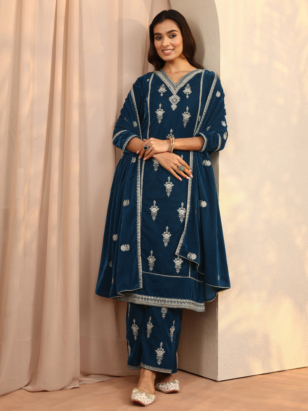 Teal Embroidered Velvet Straight Suit Set With Dupatta