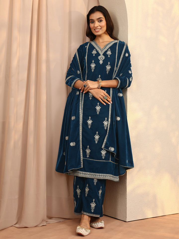 Teal Embroidered Velvet Straight Suit Set With Dupatta