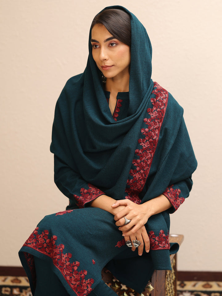 Teal Embroidered Wool Straight Suit Set With Dupatta