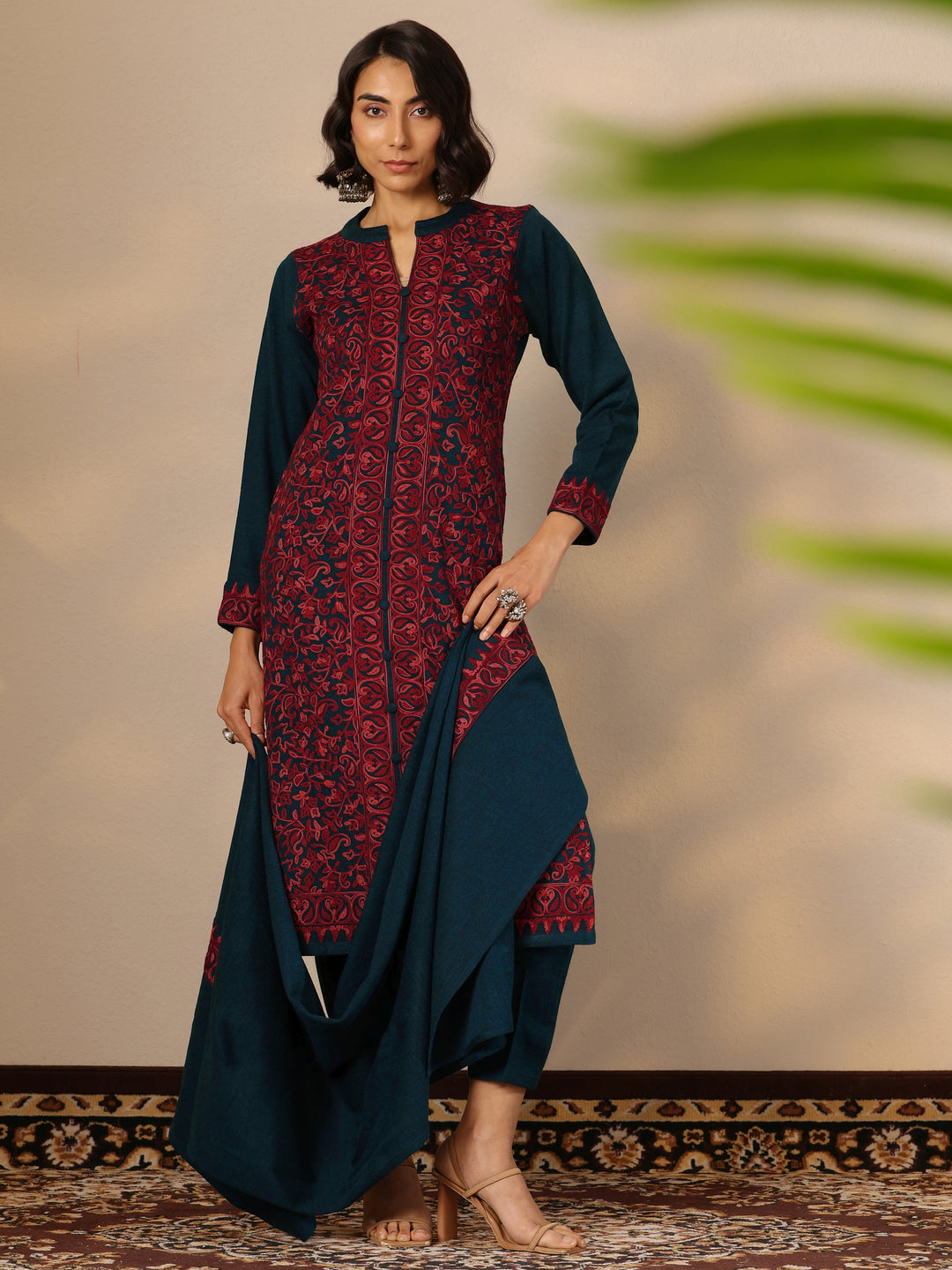 Teal Embroidered Wool Straight Suit Set With Dupatta