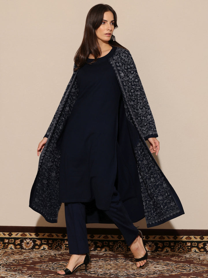 Navy Blue Embroidered Wool Straight Kurta Set
