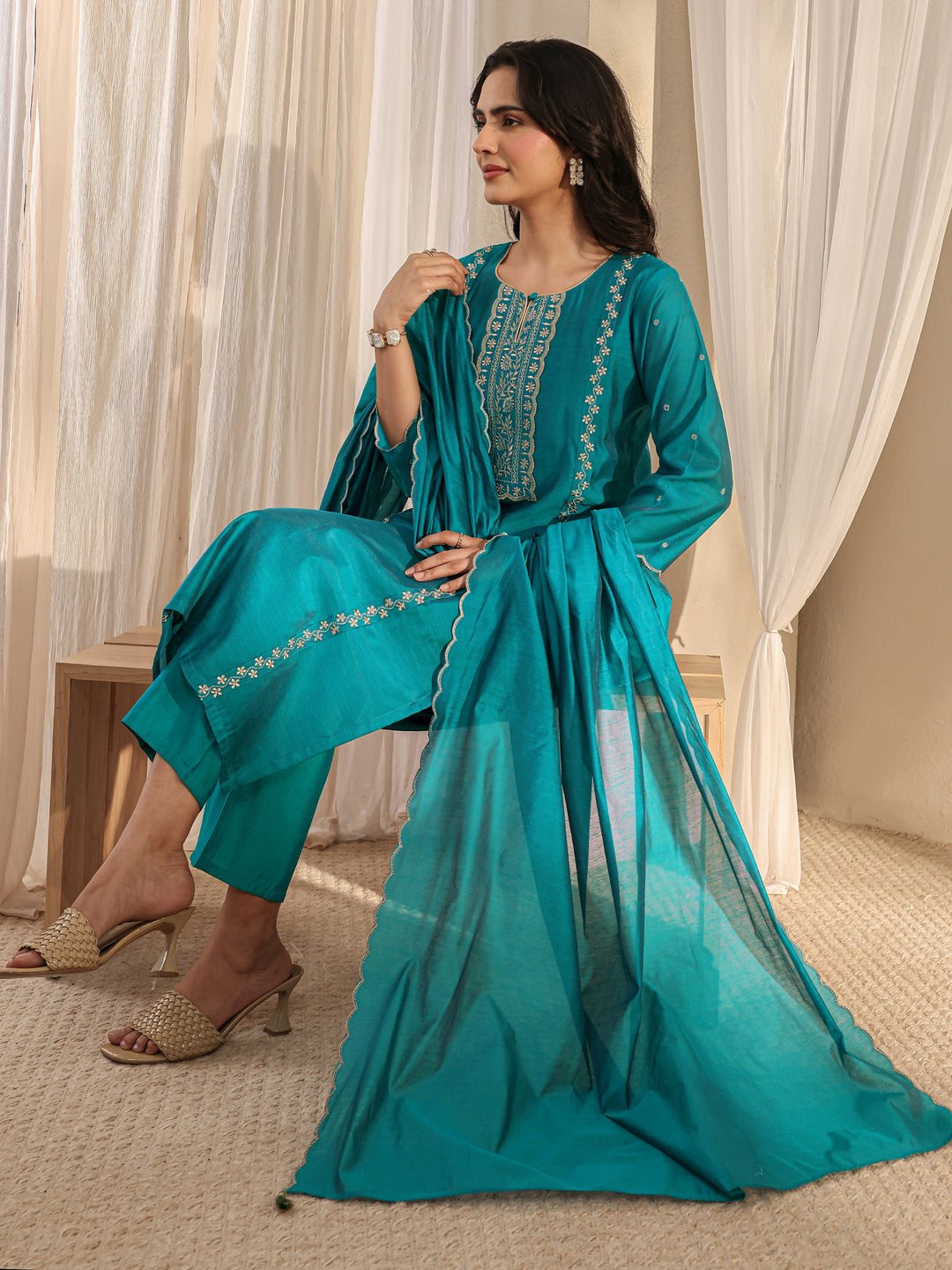 Teal Ethnic Embroidered Chanderi Silk Straight Suit Set With Dupatta