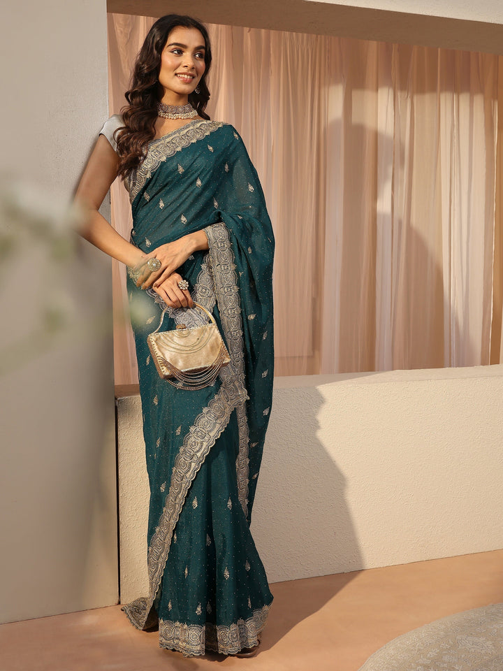 Teal Ethnic Embroidered Tissue Saree