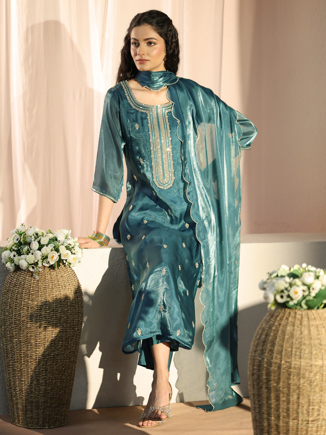 Teal Ethnic Embroidered Tissue Straight Suit Set