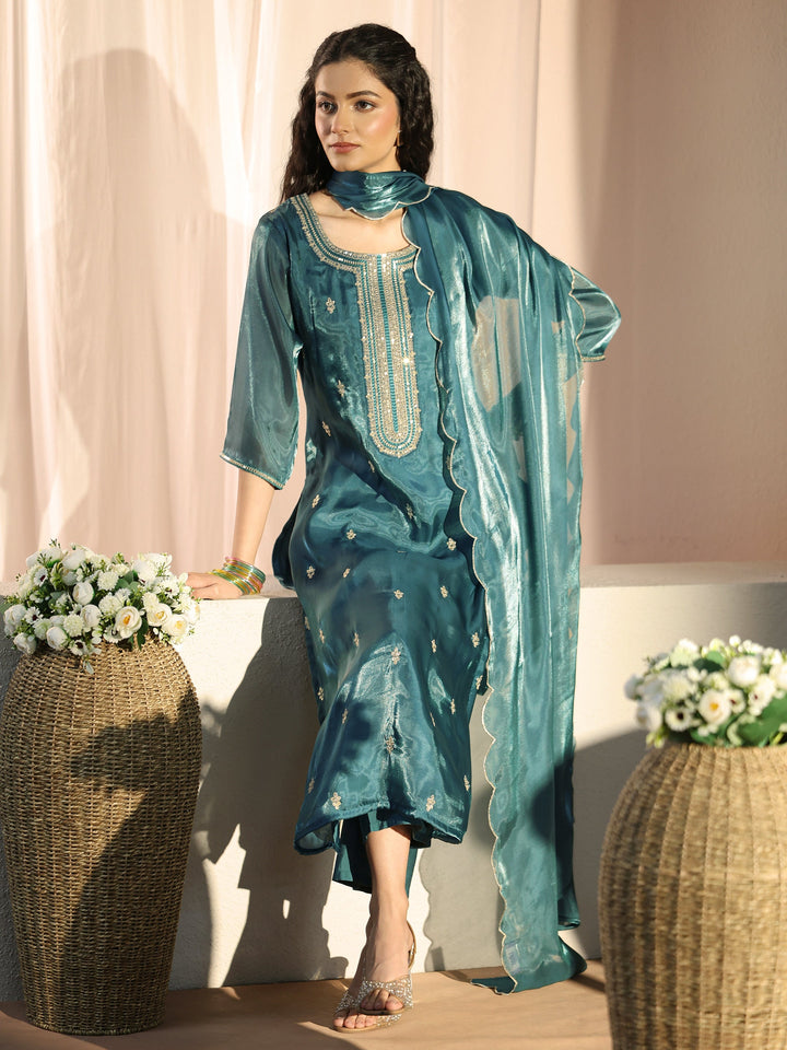 Teal Ethnic Embroidered Tissue Straight Suit Set
