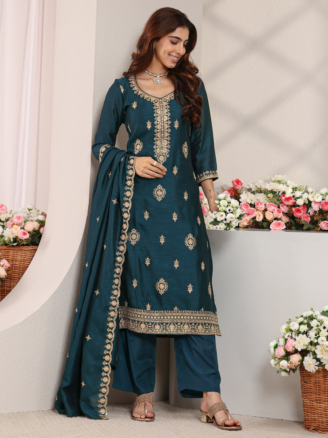 Teal Ethnic Motifs Embroidered Silk Blend Straight Suit Set With Dupatta