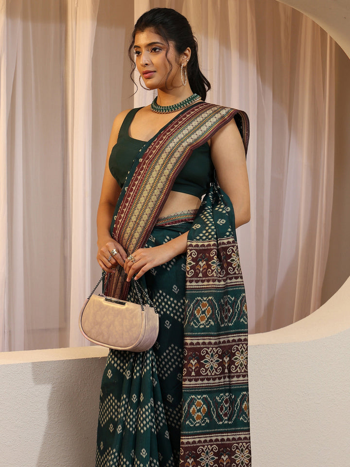 Teal Ethnic Print Silk Blend Bomkai Saree
