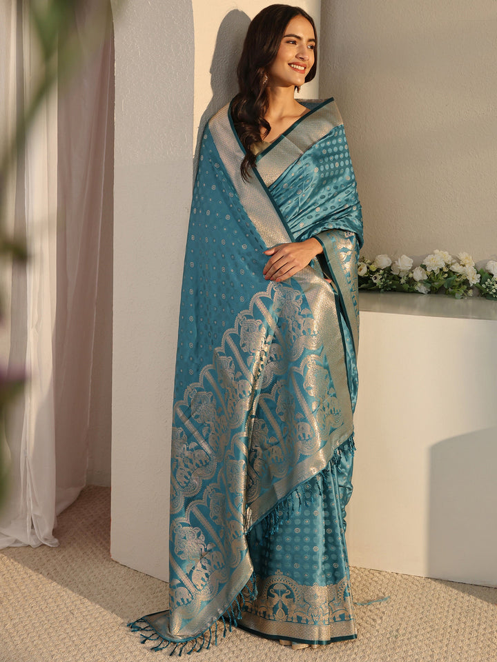 Teal Ethnic Woven Design Silk Blend Saree With Unstitched Blouse Piece