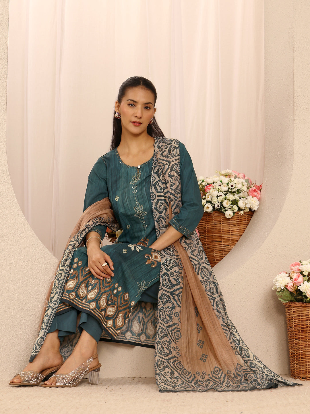 Teal Floral Embellished Cotton Blend Straight Suit Set With Dupatta