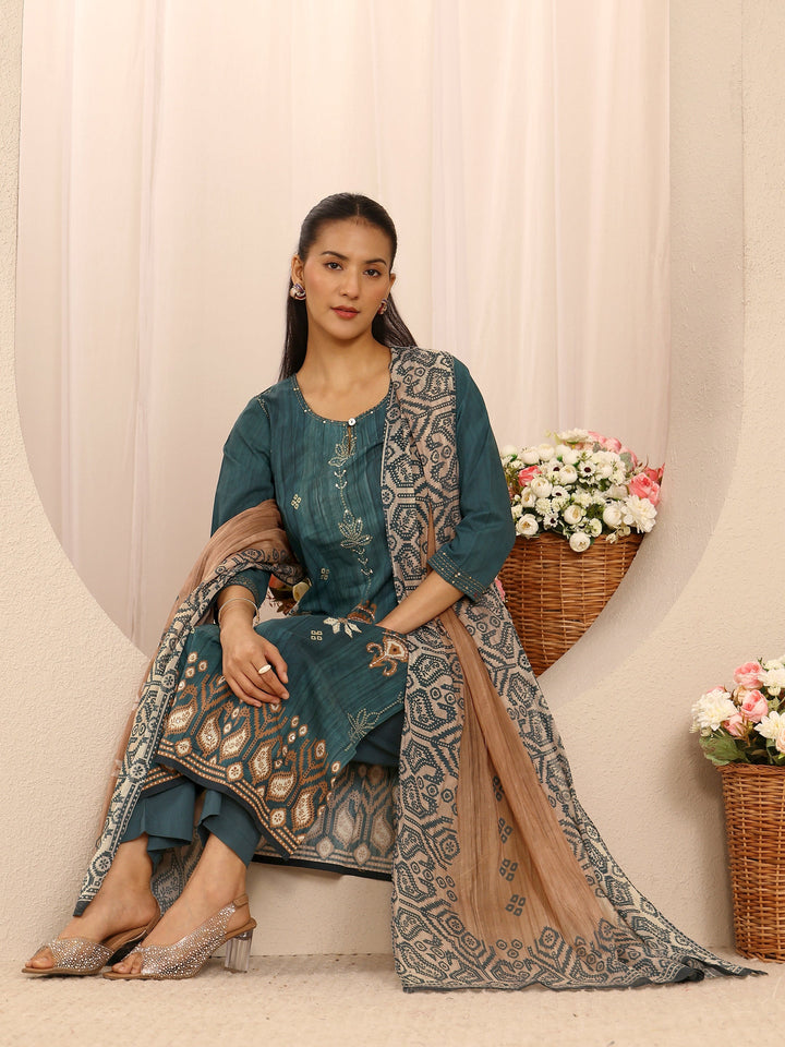 Teal Floral Embellished Cotton Blend Straight Suit Set With Dupatta