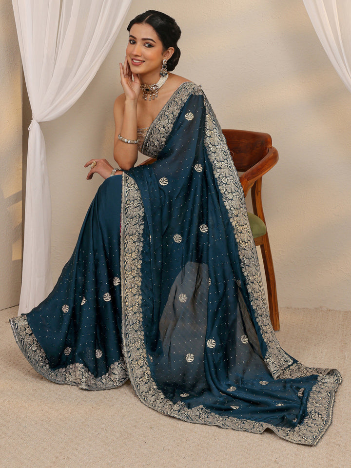 Teal Floral Embellished Silk Blend Saree With Unstitched Blouse Piece