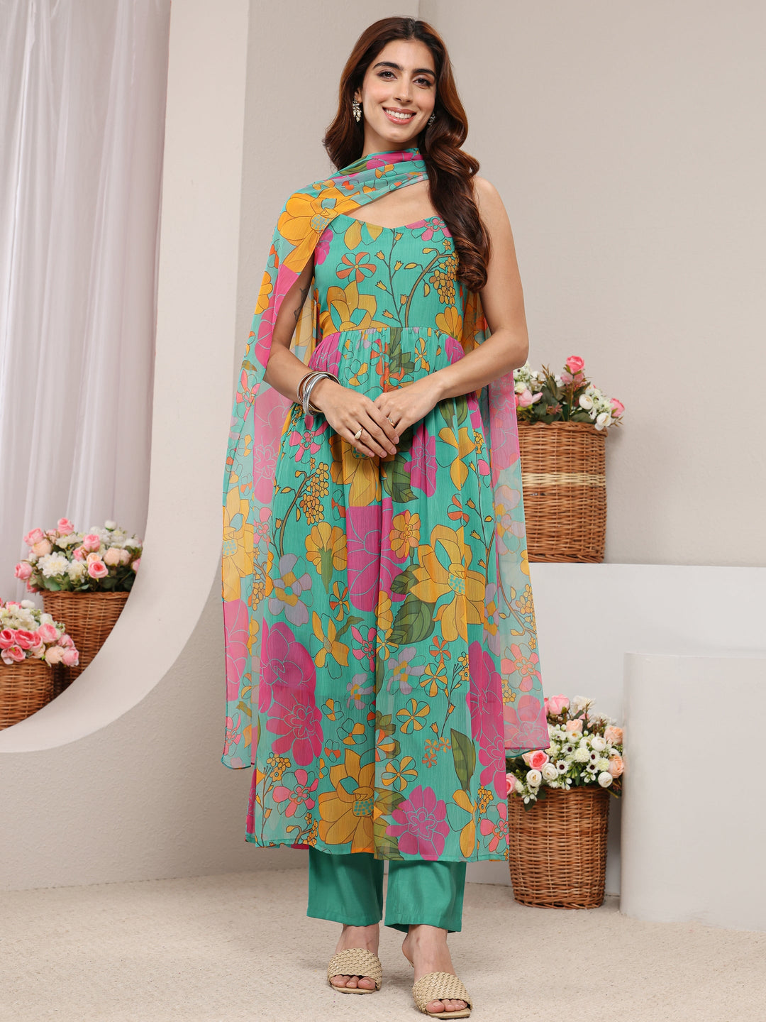 Teal Floral Printed Chiffon A-line Suit Set with Dupatta