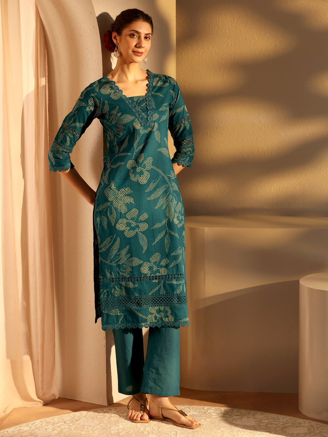 Teal Floral Printed Cotton Straight Kurta Set