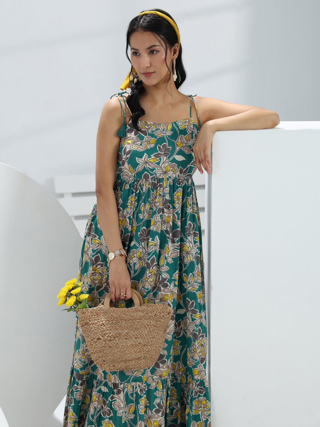 Teal Floral Printed Fit-And-Flare Cotton One-Piece Dress