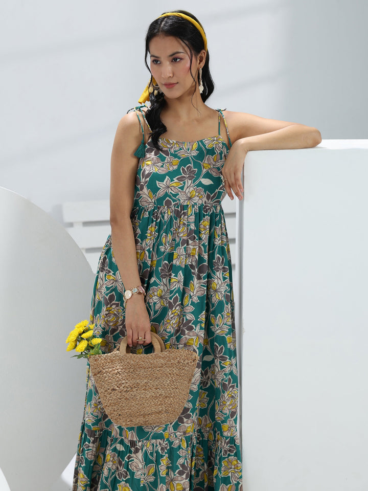 Teal Floral Printed Fit-And-Flare Cotton One-Piece Dress